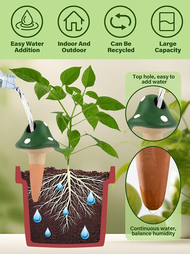 4Pcs Plant Watering Globes, Kalolary Self Watering Spikes Terracotta Drip Water Stakes Irrigation Watering Bulbs for Pot, Indoor, Outdoor, Vacation (Mushroom)