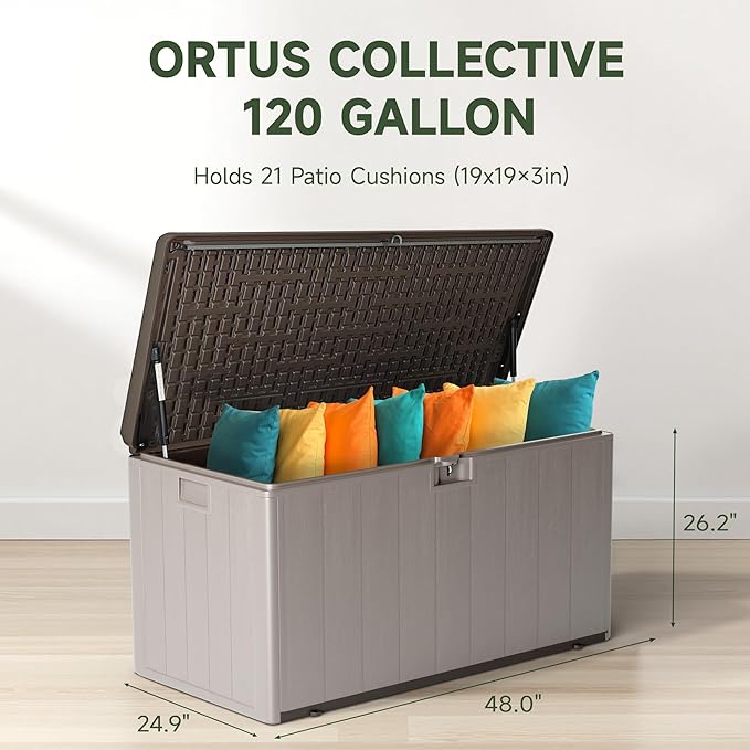 120 Gallon Deck Box, Double Layer Waterproof Resin Outdoor Indoor Storage Box, Lockable & UV Resistant Storage Bin for Patio Furniture, Garden Tools, Pool Accessories (Brown)