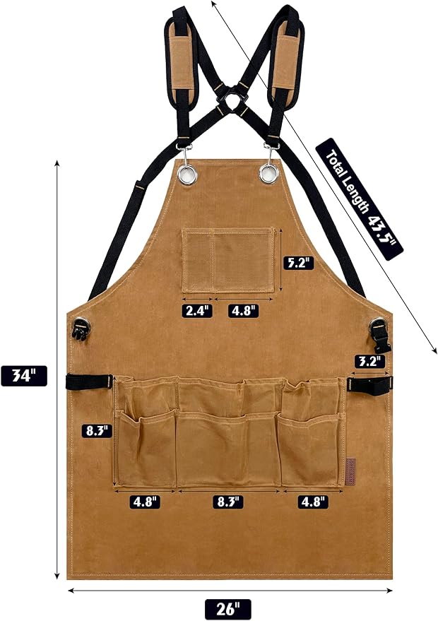 Woodworking Tool Apron, 22 OZ Waxed Canvas Durable Heavy Duty Work Shop Apron, Adjustable to Size S to XXL