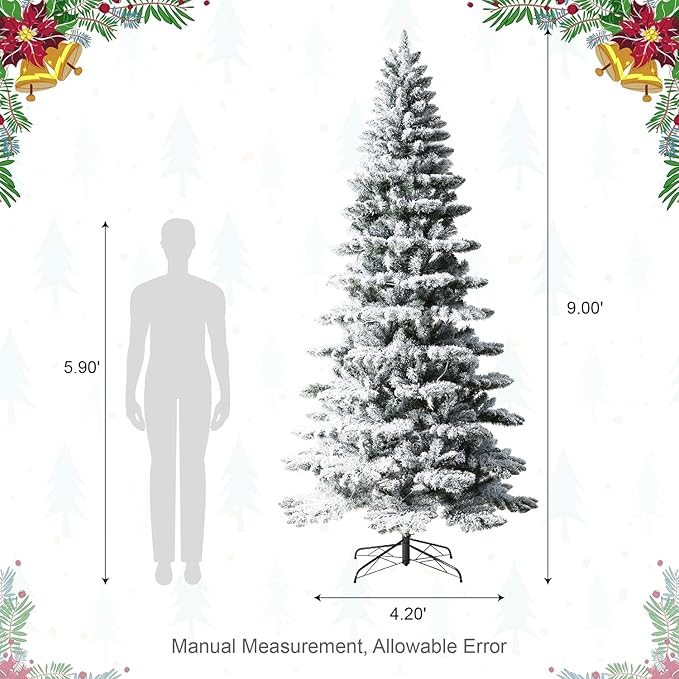 Glitzhome 9ft Pre-Lit Flocked Slim Artificial Christmas Tree Frostwood Spruce with 460 Warm White Lights and Sturdy Metal Stand for Home, Office, Party Decoration