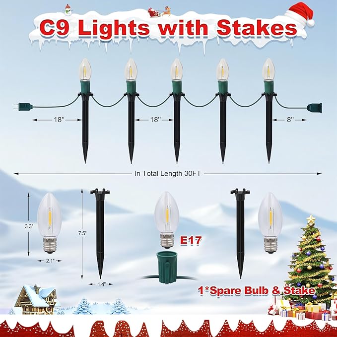 30Ft C9 Led 20 Bulbs Christmas Pathway Lights Outdoor, Warm White Led Bulbs Waterproof Connectable Christmas Walkway Lights with Stakes for Yard Lawn Sidewalk Driveway, Christmas Decorations