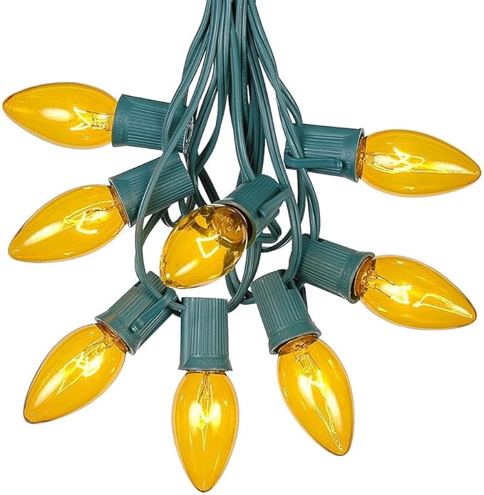 C9 Yellow Outdoor Christmas Lights - 25 Foot Roofline & Patio String Light Set - Green Wire