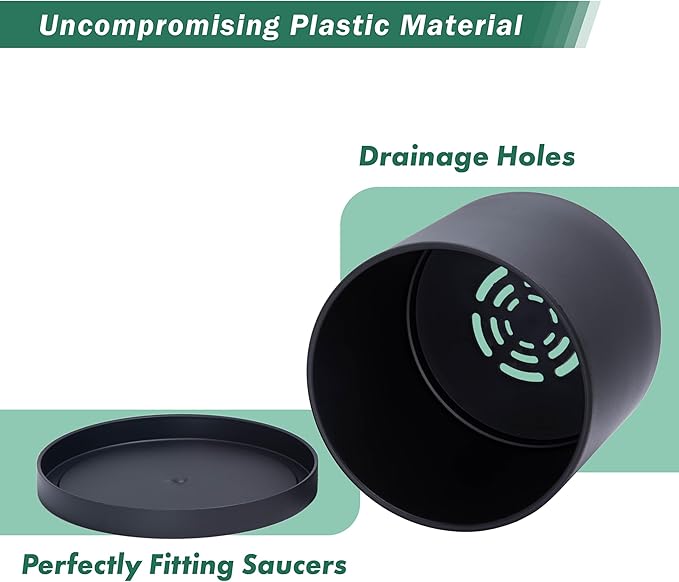 D'vine Dev 2 Pack 10 Inch Modern Plastic Plant Pots, Small Garden Planters for Plant with Drainage Holes and Saucers, Black Color, 74-Y-N-1