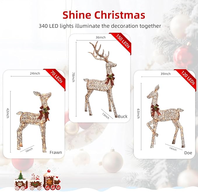HOYECHI 6.5 FT Oversized Christmas Decorations Outdoor Lighted Reindeer – 3-Piece 3D Deer Family Set with 340 Warm White LED Lights for Yard, Lawn, Garden & Porch Holiday Display - Rattan