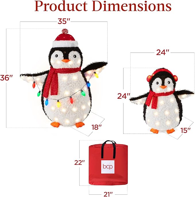 Best Choice Products 2-Piece Lighted Penguin Family, 3ft Pop-Up Outdoor Christmas Holiday Decoration w/ 150 LED Lights, Multicolored Lights - Red