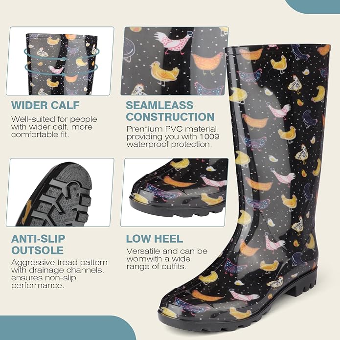 DaeRainy Tall Rain Boots for Women, Knee High Waterproof Slip On Garden Boots