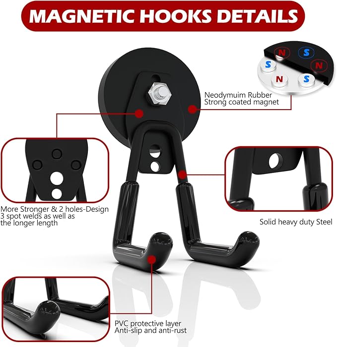 3-H Heavy Duty Magnet Garage Hooks 4 Pack, Large Strong Magnetic Hooks for Hanging Cordless Power Drill, Utility Magnetic Tool Holder for Metal Cabinet, Steel Pegboard, Toolbox, Garage(Black)