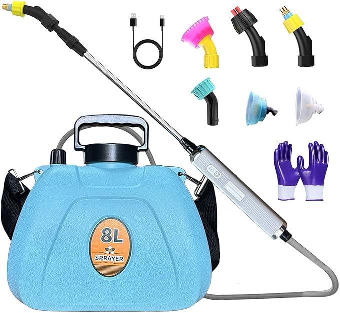 2025 New 7.4V Powerful Electric Sprayer with Waterproof Handle, USB Charging, 6 Spray Heads, 2.1 gallons, Adjustable Rod and Shoulder Strap, Suitable for Gardens, lawns, etc., Lasts About 3 Hours