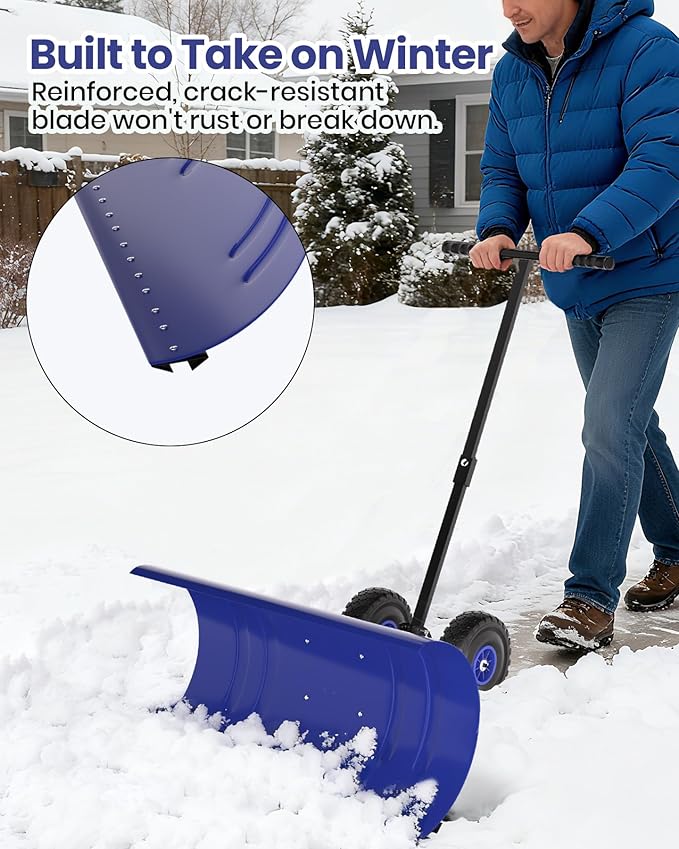 36" Snow Pusher Shovel with Wheels, Adjustable Ergonomic T-Handle Snow Plow for Driveway, Heavy Duty Wheeled Rolling Shovels for Driveway and Sidewalks with Angeled Blade
