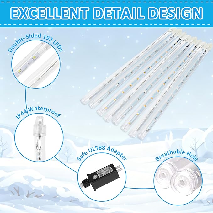 2-Pack Christmas Lights Outdoor, 16Tubes 384LEDs Extendable Meteor Shower Lights, Falling Rain Light Waterproof Plug in Tree Light for Christmas Backyard Garden Patio Xmas Decoration (Cool White)