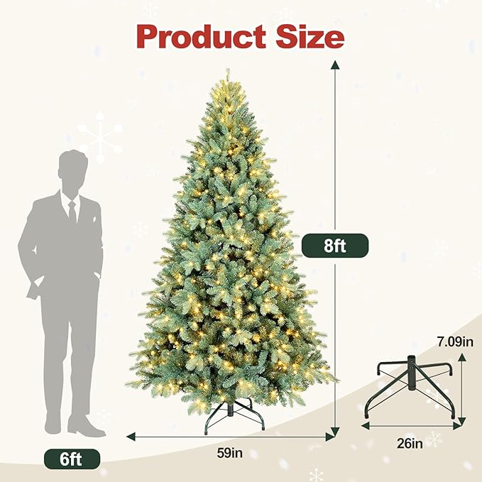 8 Ft Pre-Lit Artificial Christmas Tree, w/ 650 LED Warm Lights, 2458 PE&PVC Mixed Branch Tips, Faux Xmas Tree for Home, Office, Party Decoration, Easy Assembly, Metal Hinges & Foldable Base