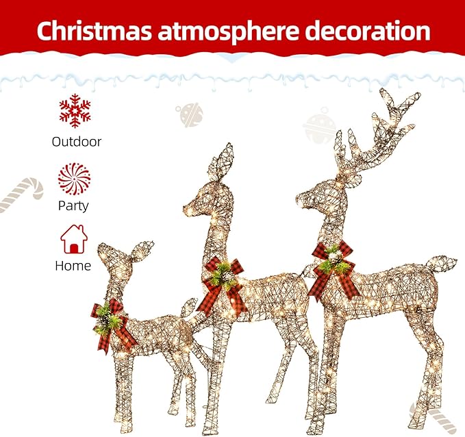 Christmas Decorations Outdoors Reindeer Family - Light up Christmas Decor Brown Deer 3 Piece with LED Lights, Extension Cord, Ground Stakes, for Outdoor Front Yard Porch - Brown