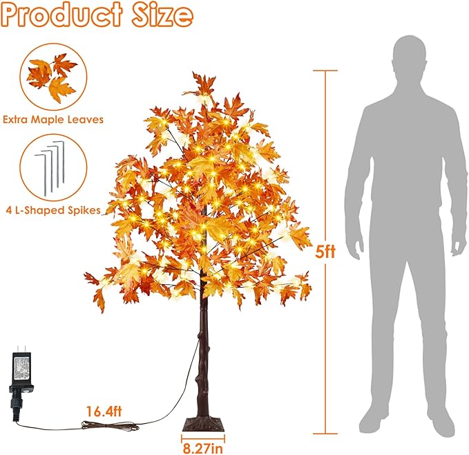 2 Pack 5FT Artificial Lighted Maple Tree, Thanksgiving Decor Artificial Tree with Timer, 200 LED Warm White Light up Fall Maple Tree for Indoor Outdoor Halloween Autumn Home Party Decoration, Orange