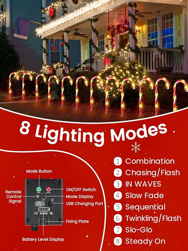 Upgraded 24 Pack Candy Cane Solar Christmas Lights Waterproof, Rechargeable Pathway Lights with Remote, Solar Powered & USB Charging Christmas Decorations Outdoor for Garden Lawn Yard Party