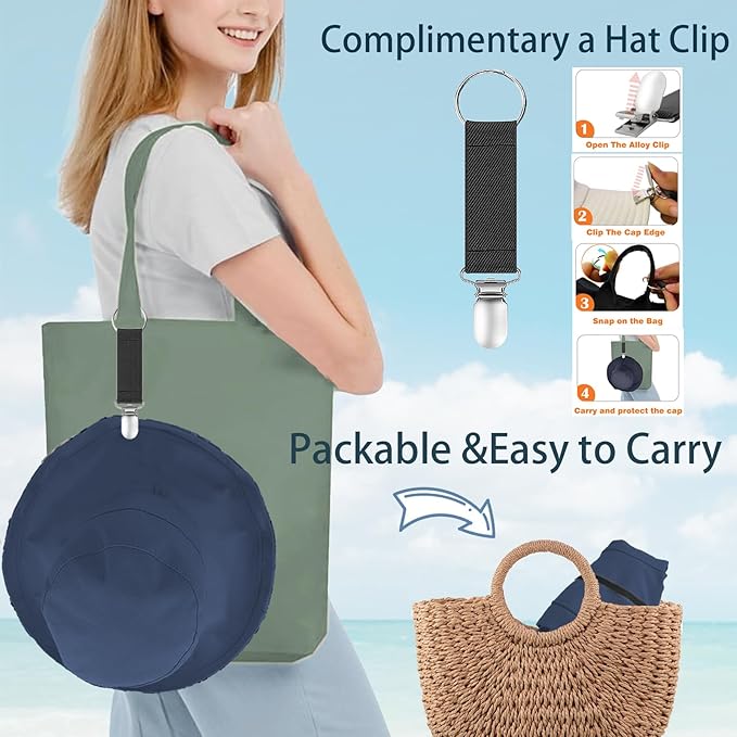 vidsel Womens Sun Hats Wide Brim Reversible Bucket Cotton Hat Packable Summer Travel Cap with Hat Clip,UV Protection