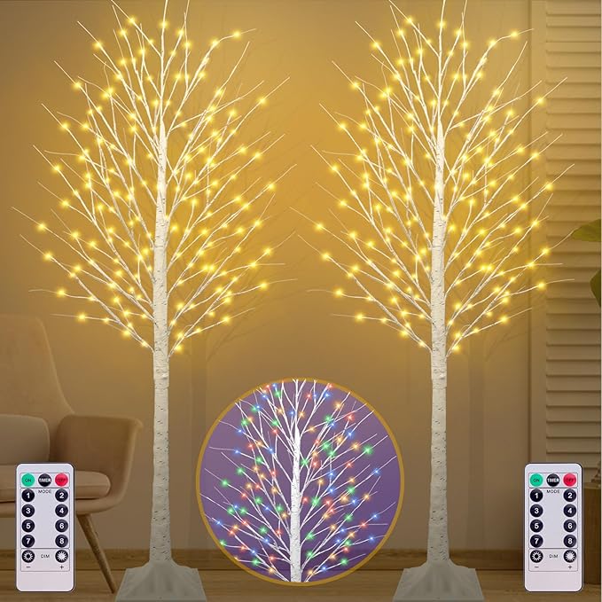 7FT Lighted Birch Tree with 170 LED Warm White and Multicolor Lights, 8 Modes, Timer Remote Faux Light Up Twig Christmas Tree for Indoor Outdoor Xmas Holiday Party Garden Decoration (2 Pack)