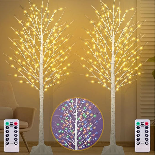 7FT Lighted Birch Tree with 170 LED Warm White and Multicolor Lights, 8 Modes, Timer Remote Faux Light Up Twig Christmas Tree for Indoor Outdoor Xmas Holiday Party Garden Decoration (2 Pack)