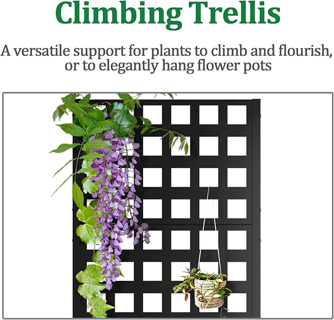 Metal Raised Garden Bed with Trellis, 2 in 1 Trellis with Planter Box & Privacy Screen for Climbing Plants, Vine, Outdoor Standing Flower Beds with Drainage Holes, 23.6"L x 11.8"W x 63"H, Black