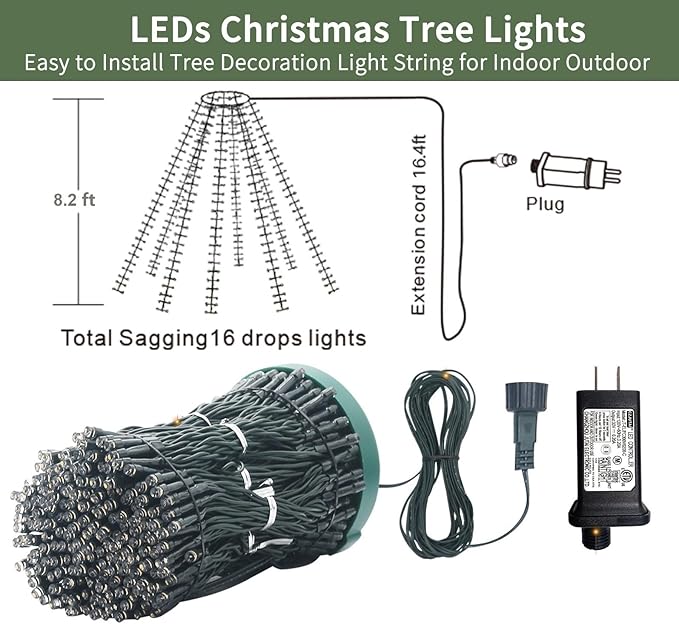 VIL Christmas Tree Lights with Ring,8.2Ft 16 Line 448 LED Green Wire Fairy Waterfall String Lights Plug in,Icicle Twinkle Lights with 8 Lighting Modes for Indoor Outdoor Xmas Tree(Warm White)