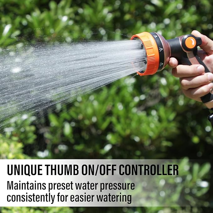 Heavy Duty Garden Hose Spray Nozzle, Metal Water Hose Nozzle with 8 Spray Patterns, High Pressure Hose Nozzle with Thumb Control On Off Valve for Lawn Watering, Car Washing, Pets Showering