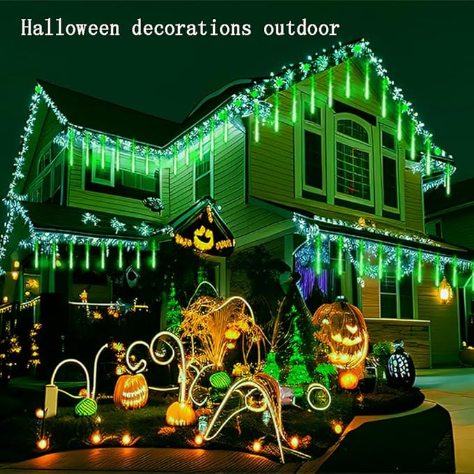 Kwaiffeo Green Christmas Lights, 24 Tubes Meteor Shower Lights(Equivalent to 3 Sets of 8-Tube) for Halloween Christmas Decorations Outdoor, Green Lights for Xmas St. Patrick's Day Party Tree, UL Plug