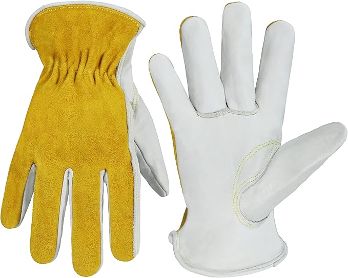 HANDLANDY Men Leather Gardening Gloves, Utility Work Gloves for Mechanics, Construction, Driver