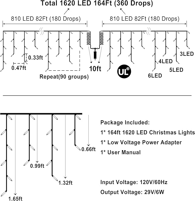 1620 LED Christmas Lights with 360 Drops,164ft 8 Modes Fairy Lights with Timer Waterproof, Plug-in Hanging Icicle String Lights for Outdoor Holiday Wedding Party Christmas Decor Blue & CoolWhite