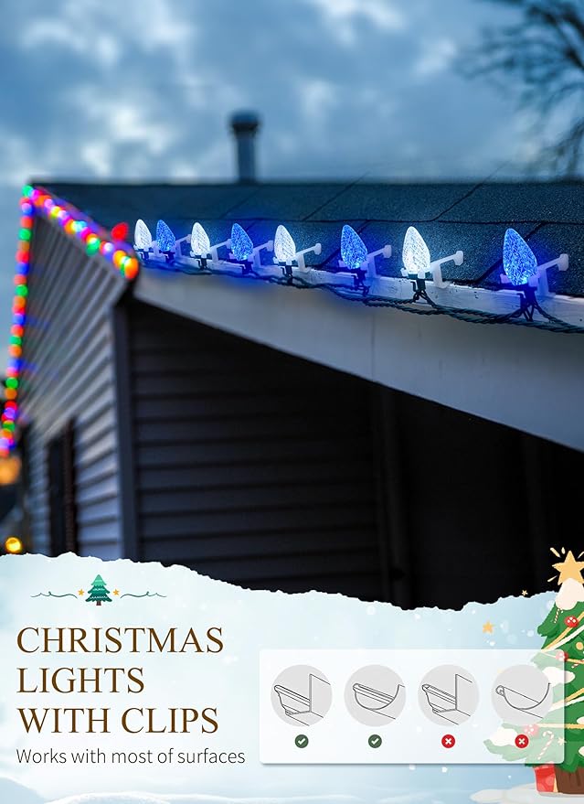C9 LED Christmas Lights Outdoor, 68 Ft 100 LED String with clips, Waterproof Christmas Tree Lights for Outside Roofline, Garden Decor, Blue & White