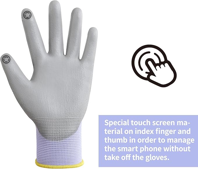 DULFINE Work Gloves for Men PU Coated 12 Pairs Bulk Pack,Purple Seamless Knit Glove with thin Polyurethane,Two Finger Touchscreen, for Men and Women, Ideal for Light Duty Work. (X-Small)