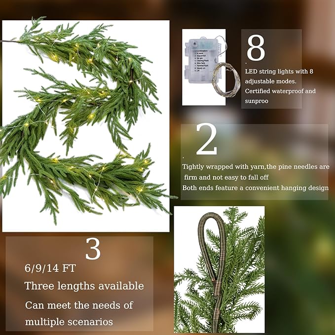 MISSPIN 14ft Christmas Garland with LED Lights, Real Touch Norfolk Pine Garland, Green Artificial Greenery Garland for Table, Mantle, String Light, Wall, Indoor, Outdoor Christmas Decorations