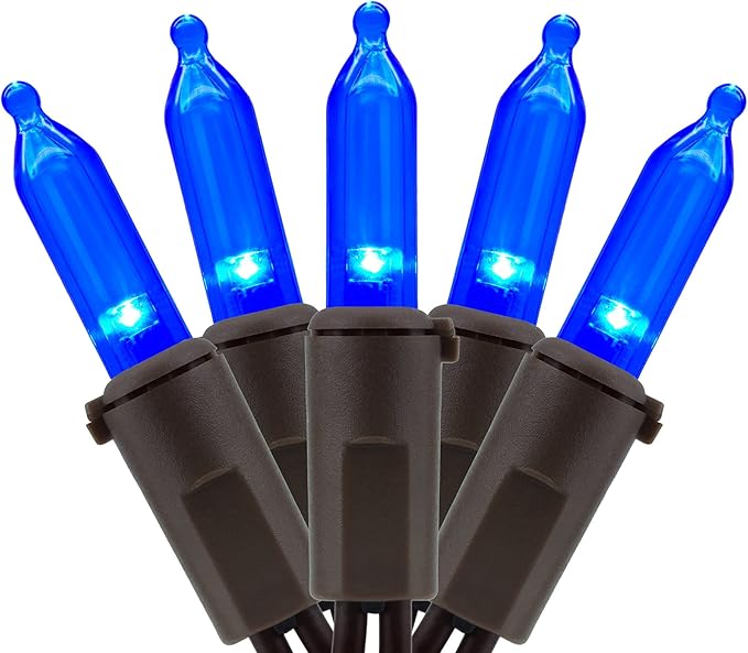 YULETIME 200 Blue LED Christmas Lights, 66 Feet Brown Wire UL Certified Commercial Grade Holiday String Light Set