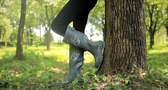 Rongee Rain Boots for Women Waterproof Garden Outdoor Mud Boots Printed with Adjustable Buckle