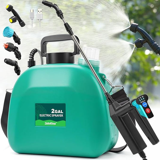 Battery Powered Sprayer 2 Gallon, 2025 Upgraded Electric Weed Sprayer with 3 Spray Forces, Battery Indicator, Rechargeable Handle,4 Mist Nozzles,23.6" Retractable Wand,Shoulder Strap, for Lawn&Garden