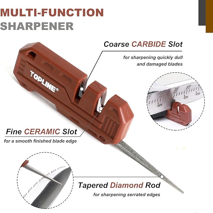 Topline Hori Hori Garden Knife, Double-edge Stainless Steel Blade, Garden Knife with Leather Sheath for Digging, Weeding, Planting, Sharpener, Sharpening Stone Included