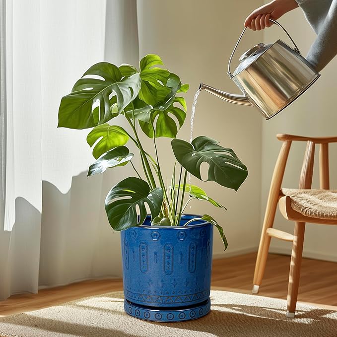 Plant Pot Saucer - 11.4 Inch Plant Saucer for Outdoors Ceramic Plant Tray for Indoors No Holes Large Plant Drip Trays Round Flower Pot Saucer Plant Dishes to Catch Water Blue