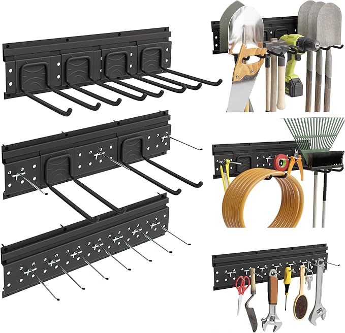Garage Tool Storage Organizer Wall Mount, Heavy Duty Metal Garden Tool Rack Kit, 48inch Tracks with 16 Hooks for Shovel, Broom, Rake, Home, Max Load 600lb