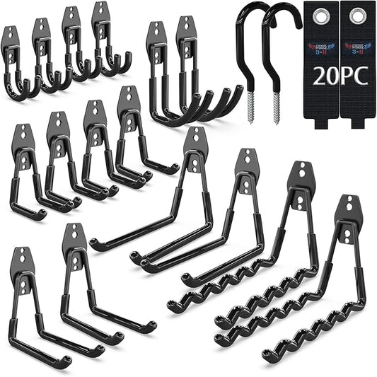 3-H Garage Wall Hooks 20 Pack, Garage Hooks Heavy Duty with Extra Welding Spots, Garage Organizer for Garden, Lawn, Chairs, Ladders, Weed Eater, Shovel(Black)