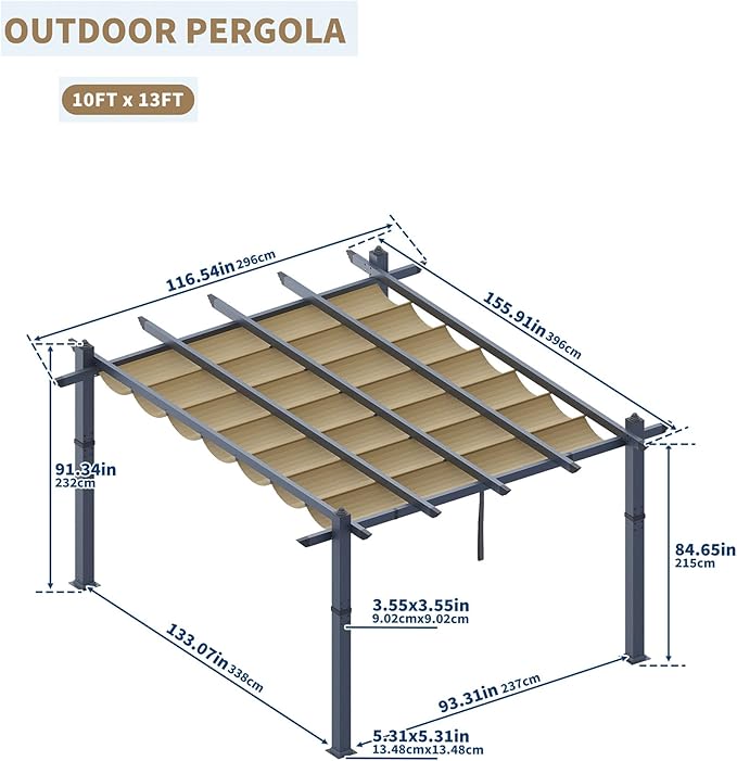 Garvee 10x13 Ft Aluminum Pergola with Retractable Canopy Metal Gazebo for Modern Backyard Deck Porch Grape Trellis(Khaki)