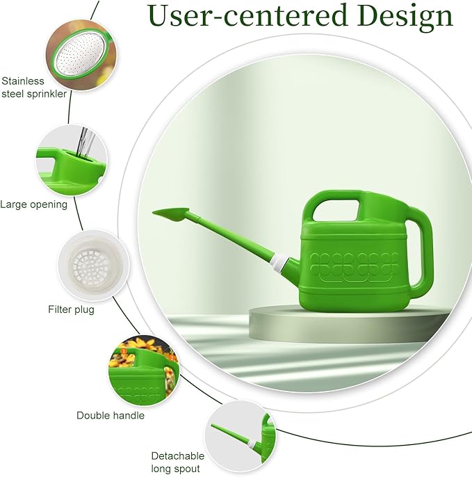 Qilebi 2 Gallon Watering Can for Outdoor Plants, Plant Watering Cans with Removable Long Spout and Stainless Steel Sprinkler Head, Large Plastic Watering Can for Garden Flowers Plants Light Green