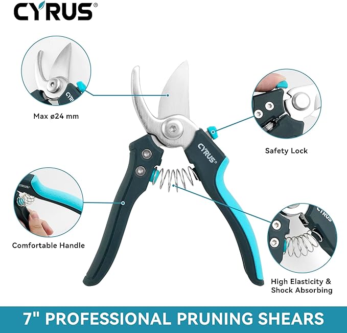 CYRUS Pruning Shears, 7" Pruning Shears with Bypass Blade for Cutting Branches and Twigs up to 24mm in Diameter, Tool for Pruning Garden Branches and Potted Plants (00288)
