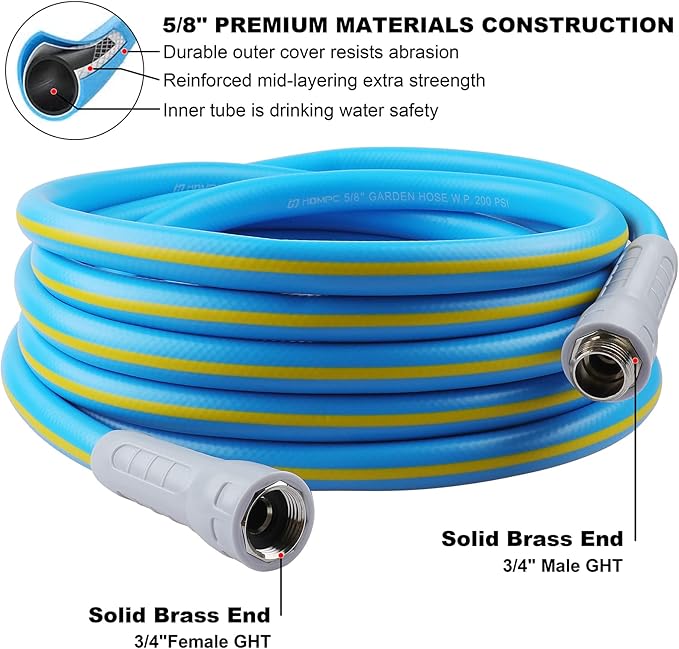 HQMPC Hose Garden Hose With 5/8 in. x 50 ft., Water Hose Heavy Duty Durable Material Water Hose with Solid Fittings (BLUE)