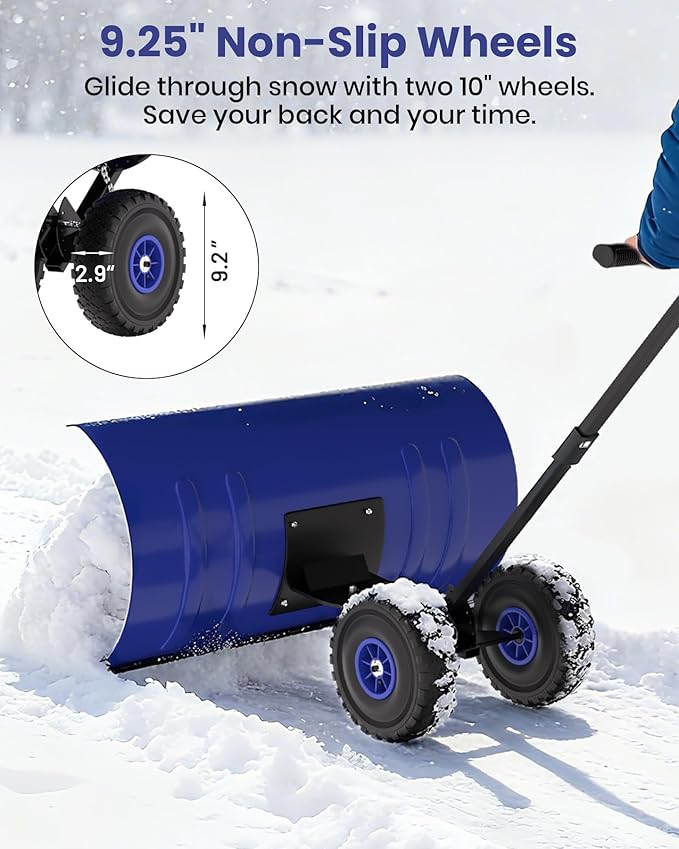 36" Snow Pusher Shovel with Wheels, Adjustable Ergonomic T-Handle Snow Plow for Driveway, Heavy Duty Wheeled Rolling Shovels for Driveway and Sidewalks with Angeled Blade