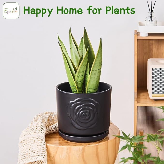 Ekirlin 7 inch Flower Plant Pot Indoor - Ceramic Garden Planters, Modern Rose Pattern Plant Pots with Drain Hole Saucer, Weatherproof Decorative Pot for Home, Office & Outdoor (Black)