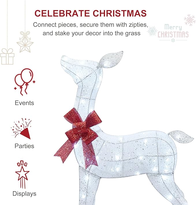 HOYECHI 6.5 FT Oversized Christmas Decorations Outdoor Lighted Reindeer – 3-Piece 3D Deer Family Set with 340 Warm White LED Lights for Yard, Lawn, Garden & Porch Holiday Display - White