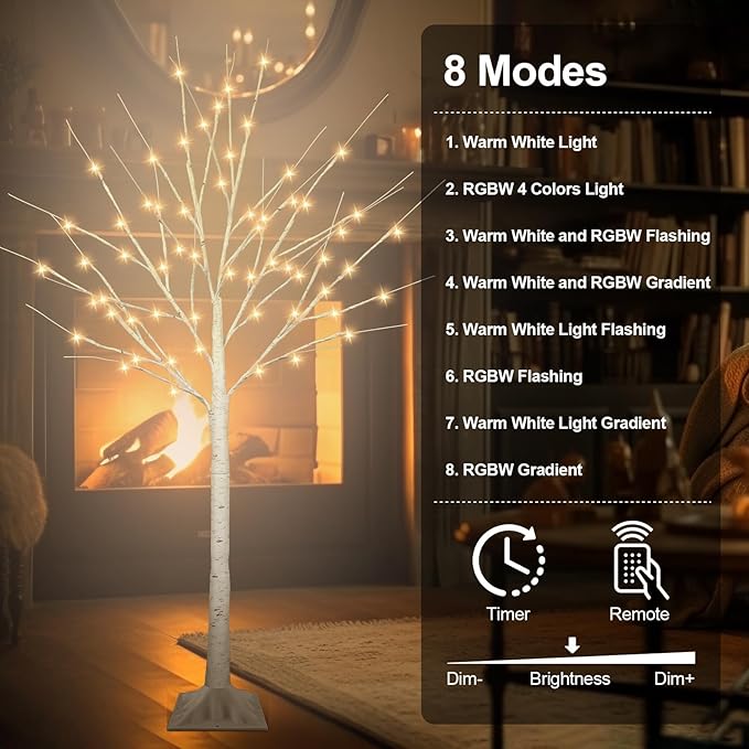 4FT Lighted Birch Tree with 60 LED Warm White and Multicolor Lights, 8 Modes, Timer Remote Faux Light Up Twig Christmas Tree for Indoor Outdoor Xmas Holiday Party Garden Decoration (2 Pack)