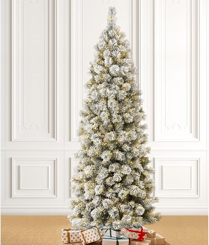 Glitzhome 7.5ft Pre-Lit Flocked Pencil Pine Artificial Christmas Tree with 350 Warm White Lights and Foldable Metal Stand for Home, Office, Party Decoration, Easy Assembly