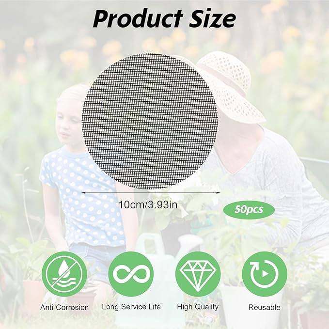 50pcs Round Bonsai Mesh, 4 Inch Mesh for Plant Pots, Prevent Soil Loss, Plastic Drainage Meshes,Bonsai Bottom Drainage Insert for Garden Outdoor Potted Plants,Black