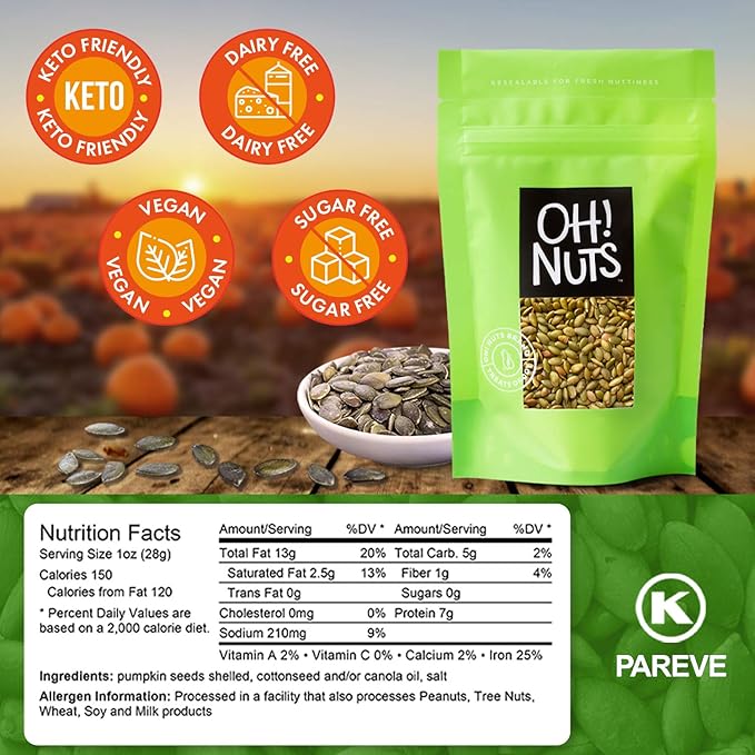 Oh! Nuts Pumpkin Seeds - Dry Roasted Salted - 2 lb - Shelled and Sprouted Pepitas - Packed in New York Zip-Seal Bag for Exceptional Freshness
