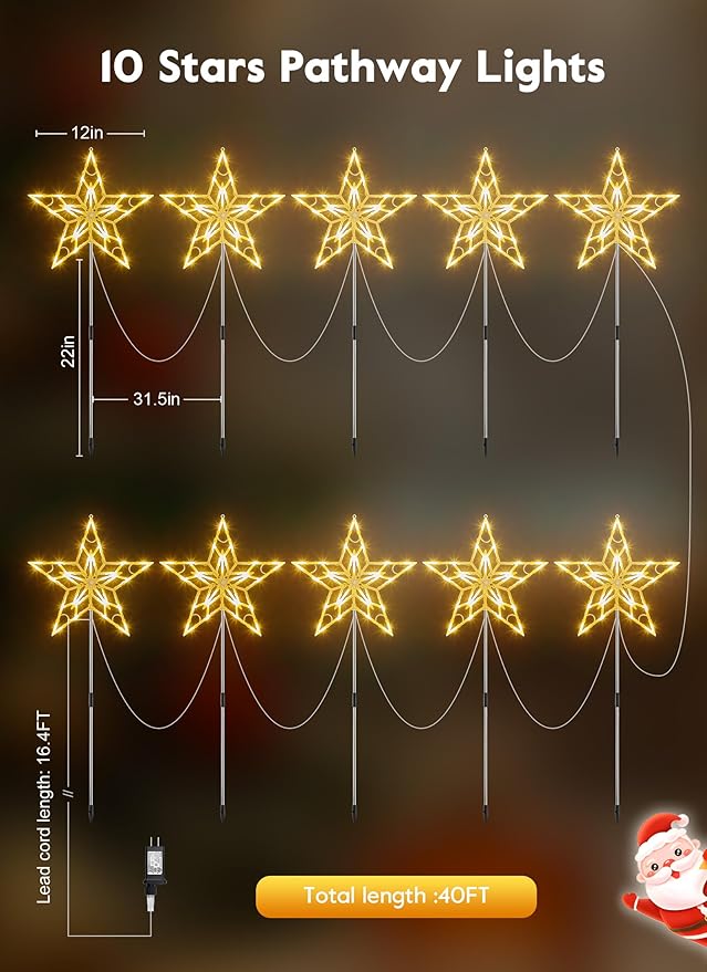 Christmas Pathway Lights Outdoor, 10 Large Outside Christmas Star Lights Decorations for Yard, Waterproof Stake Decorative Star Light for Sidewalk Lawn Path Walkway Driveway Marker, Warm White