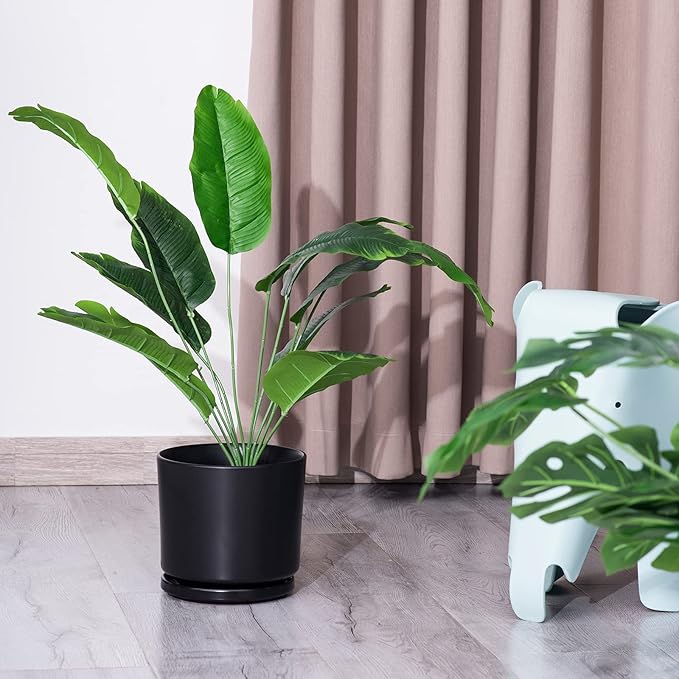 Ekirlin 5 inch Plant Pots,Ceramic Flower Planters Indoor,Modern Succulents Containers with Drain Hole Saucer,Decorate Home,Office & Outdoor (Black)